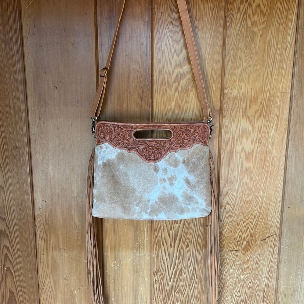 Large Tan & Beige Genuine Cowhide Fringe Purse